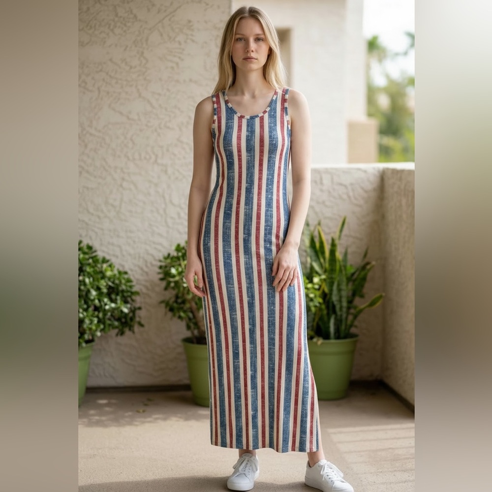LuLaRoe Striped Sleeveless Maxi Dress in Blue, Red & White